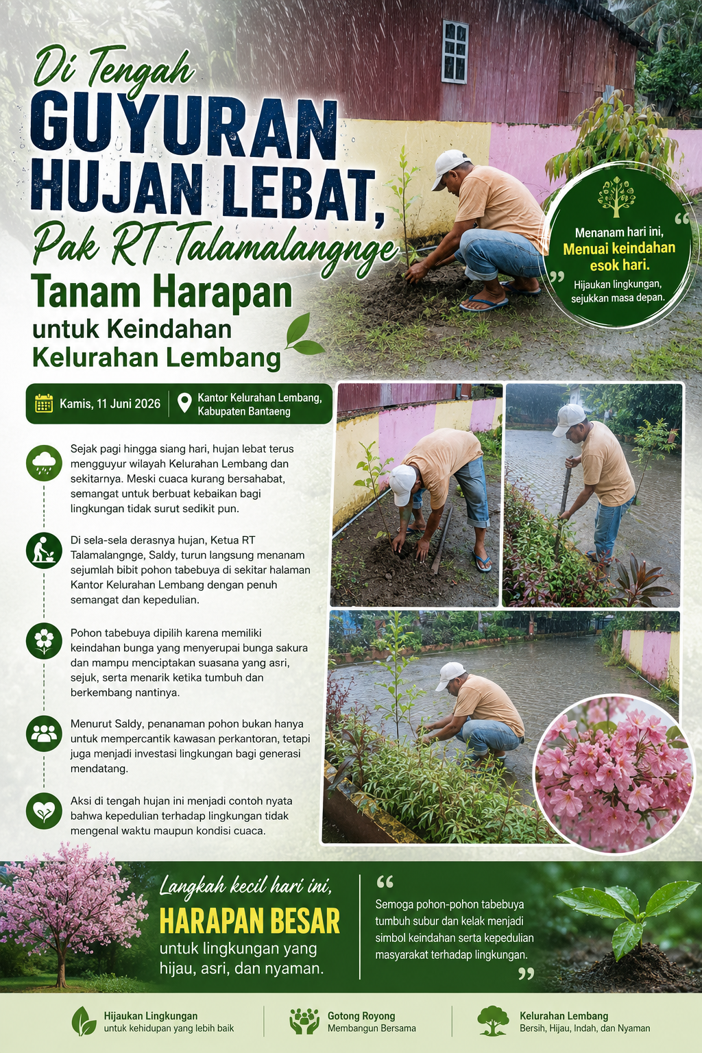 Di Tengah Guyuran Hujan Lebat, Pak RT Talamalangnge Tanam Harapan untuk Keindahan Kelurahan Lembang